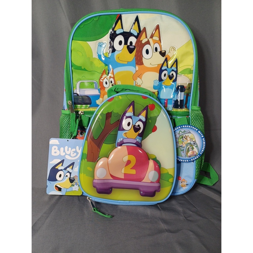Bluey Kids Backpack Green 17" 2 Piece Set With Lunch Tote Padded Straps School
